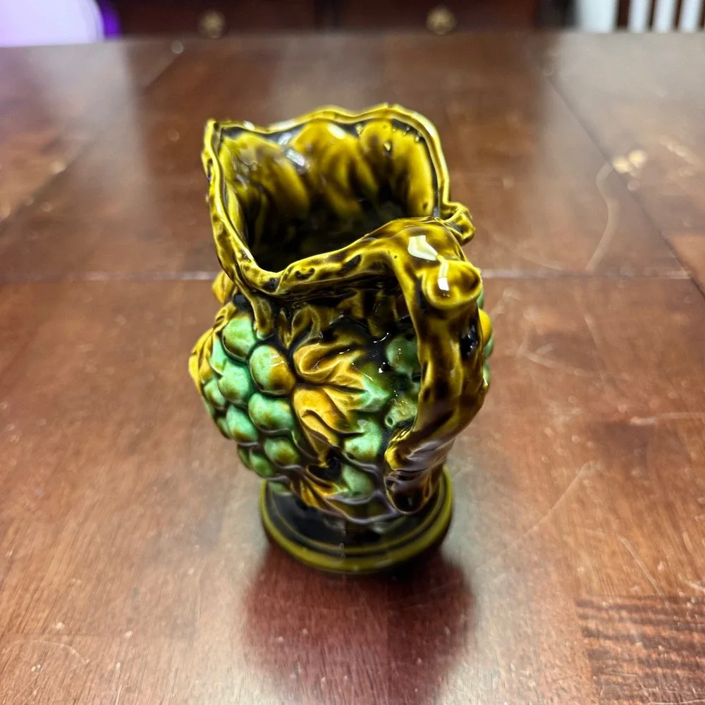Vintage Japan Ceramic Grape Pitcher Small Green Gold Majolica Style 5.5in